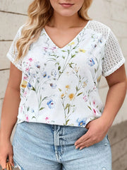 Plus Size Plants Lace V-neck T-shirt