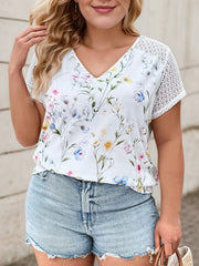 Plus Size Plants Lace V-neck T-shirt