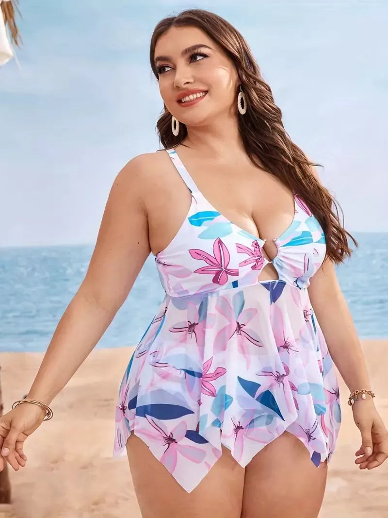 Plus Size Plants Metal Button Spaghetti Strap Tankini