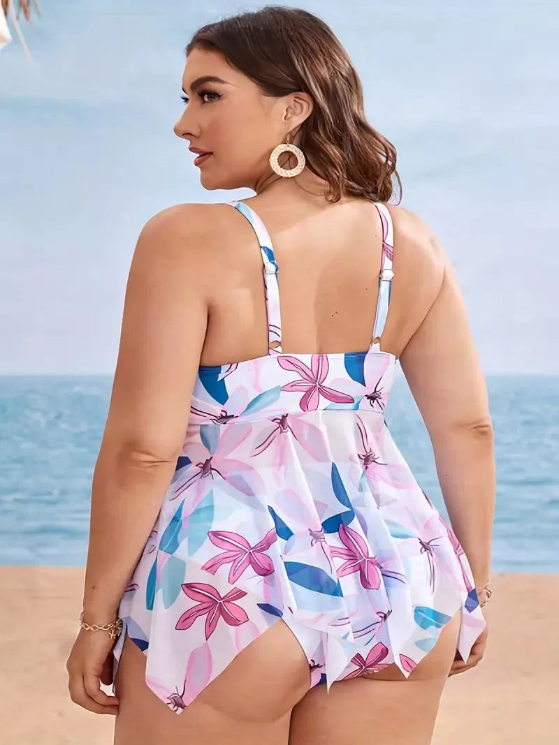 Plus Size Plants Metal Button Spaghetti Strap Tankini