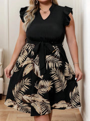 Plus Size Plants Ruffles V-neck Skater Dress