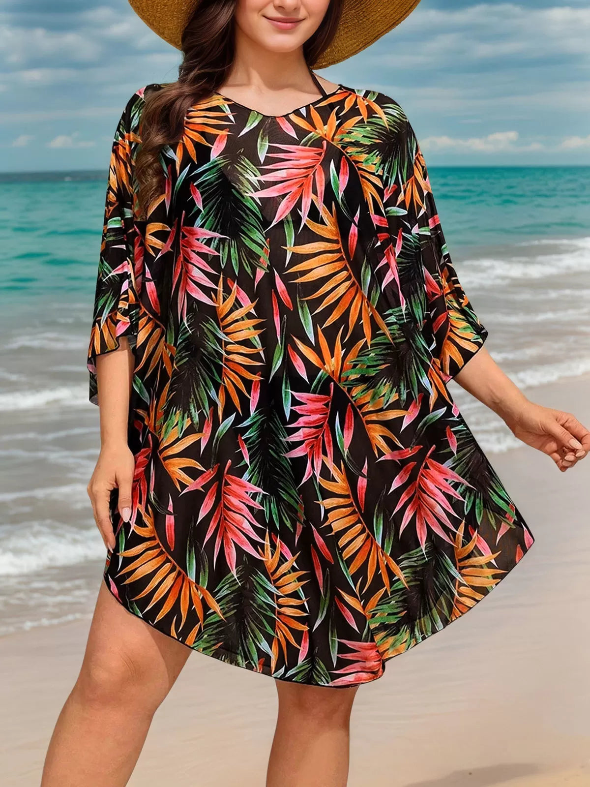 Plus Size Plants V-neck Cover Up