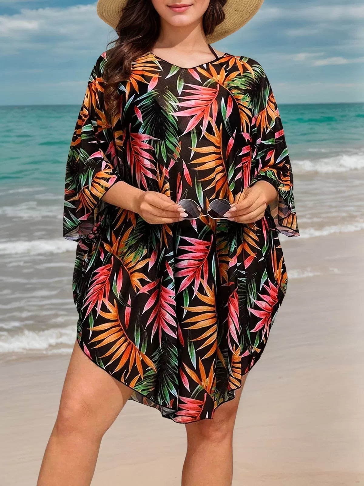 Plus Size Plants V-neck Cover Up