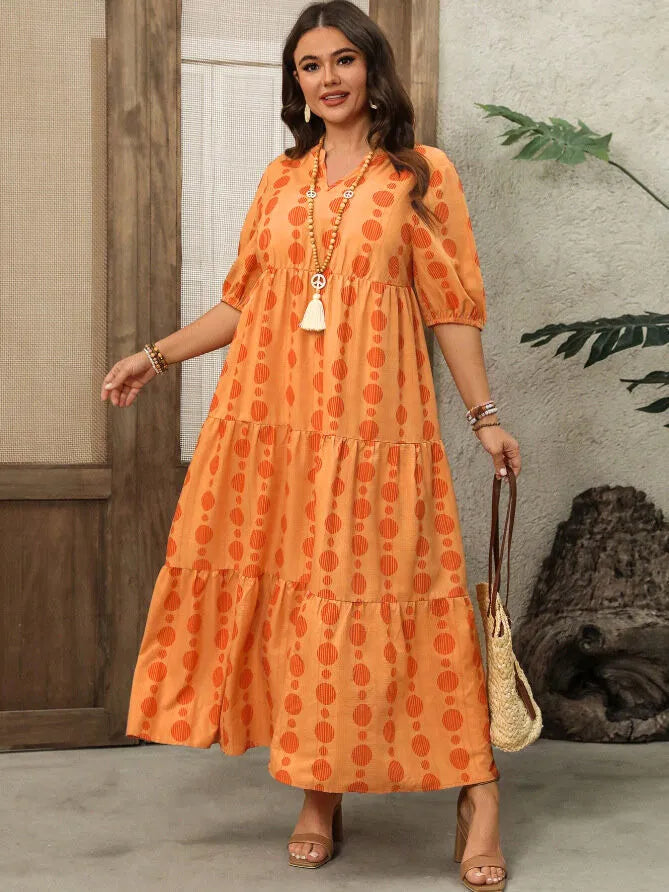 Plus Size Polka Dots Notched Boho A-line Dress