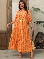 Plus Size Polka Dots Notched Boho A-line Dress