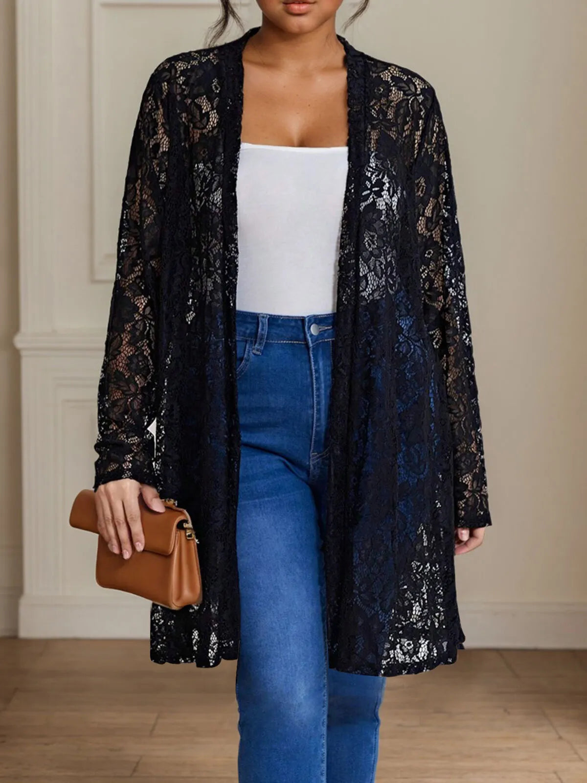 Plus Size Regular Sleeve Long Sleeve Lace Cardigan