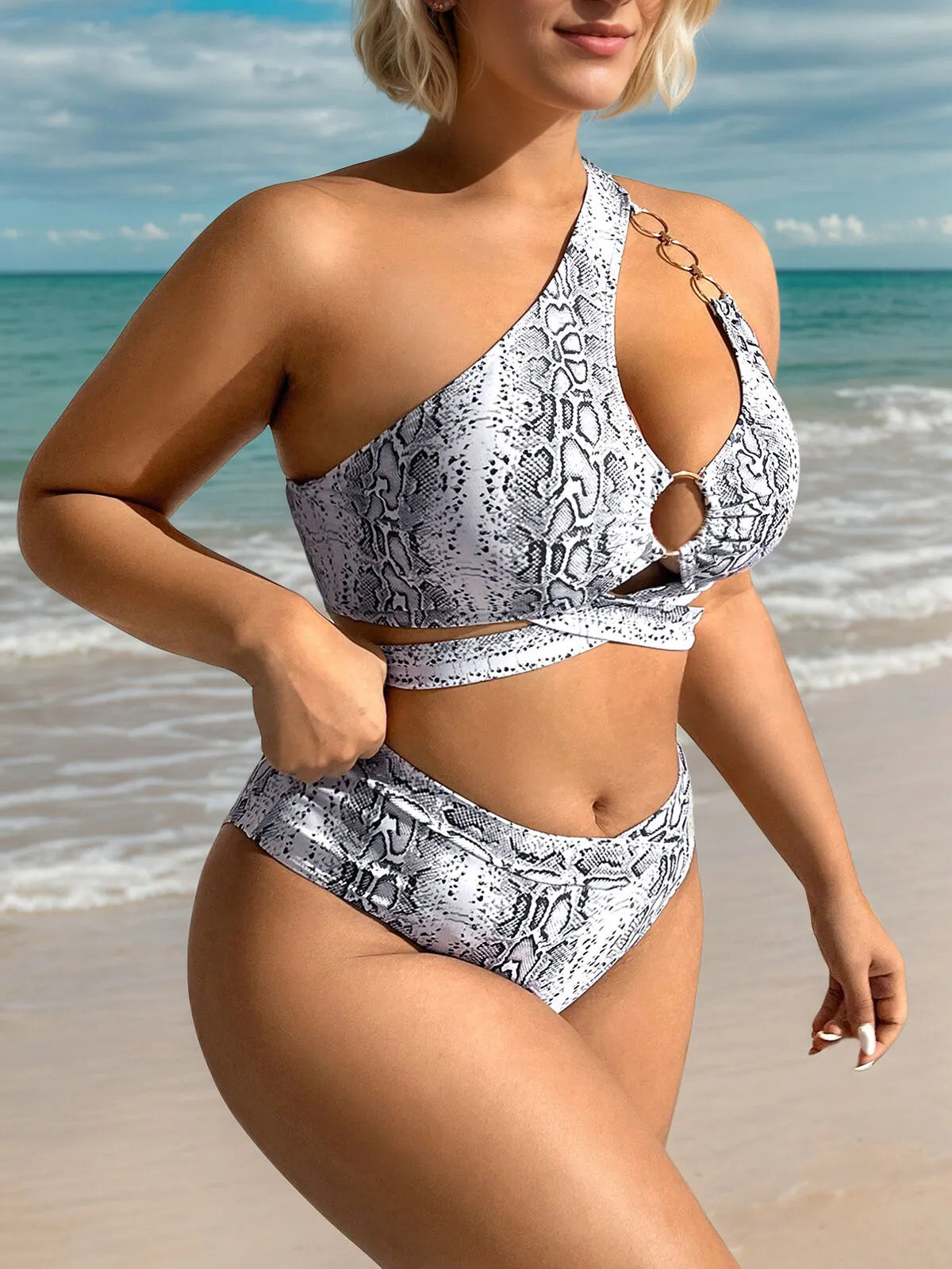 Plus Size Snakeskin Print Chain High Rise Bikini