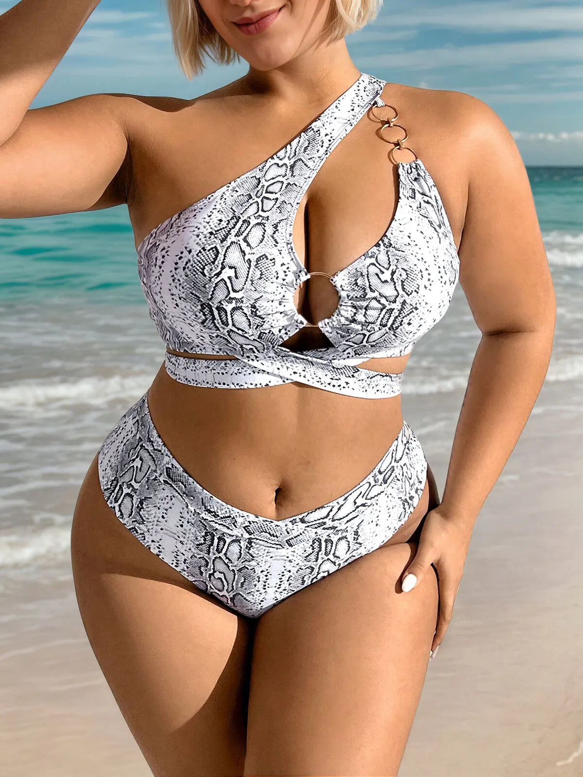 Plus Size Snakeskin Print Chain High Rise Bikini