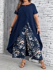 Plus Size Solid Asymmetrical Ultra Long Blouse & Floral Casual Pants