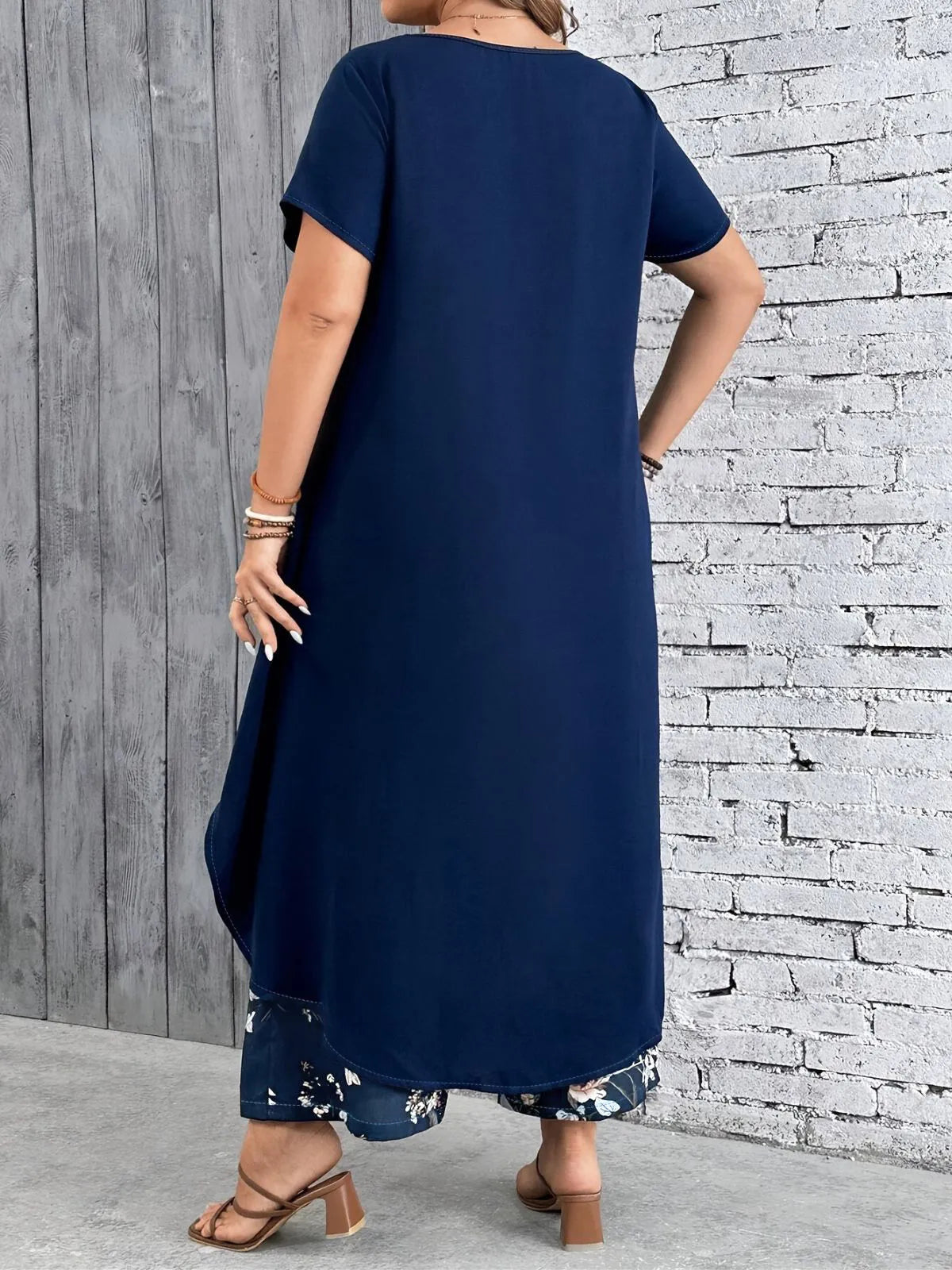 Plus Size Solid Asymmetrical Ultra Long Blouse & Floral Casual Pants