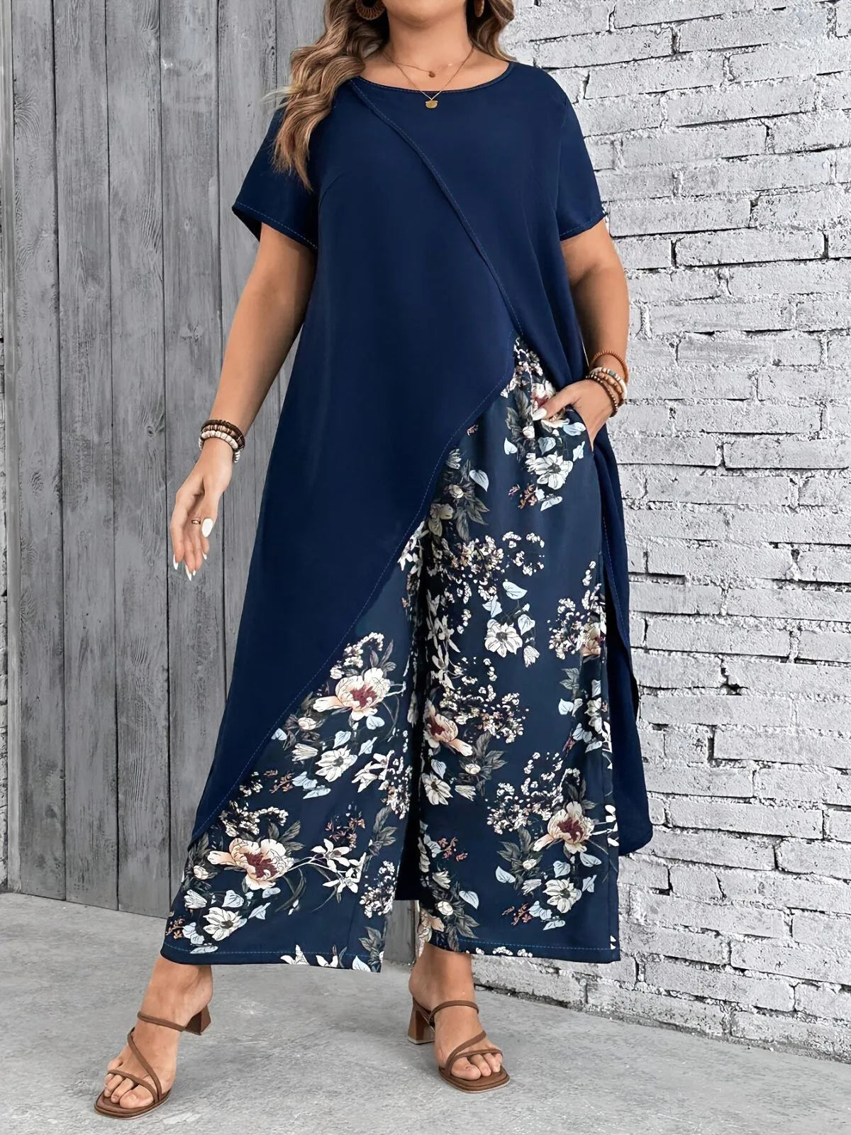 Plus Size Solid Asymmetrical Ultra Long Blouse & Floral Casual Pants