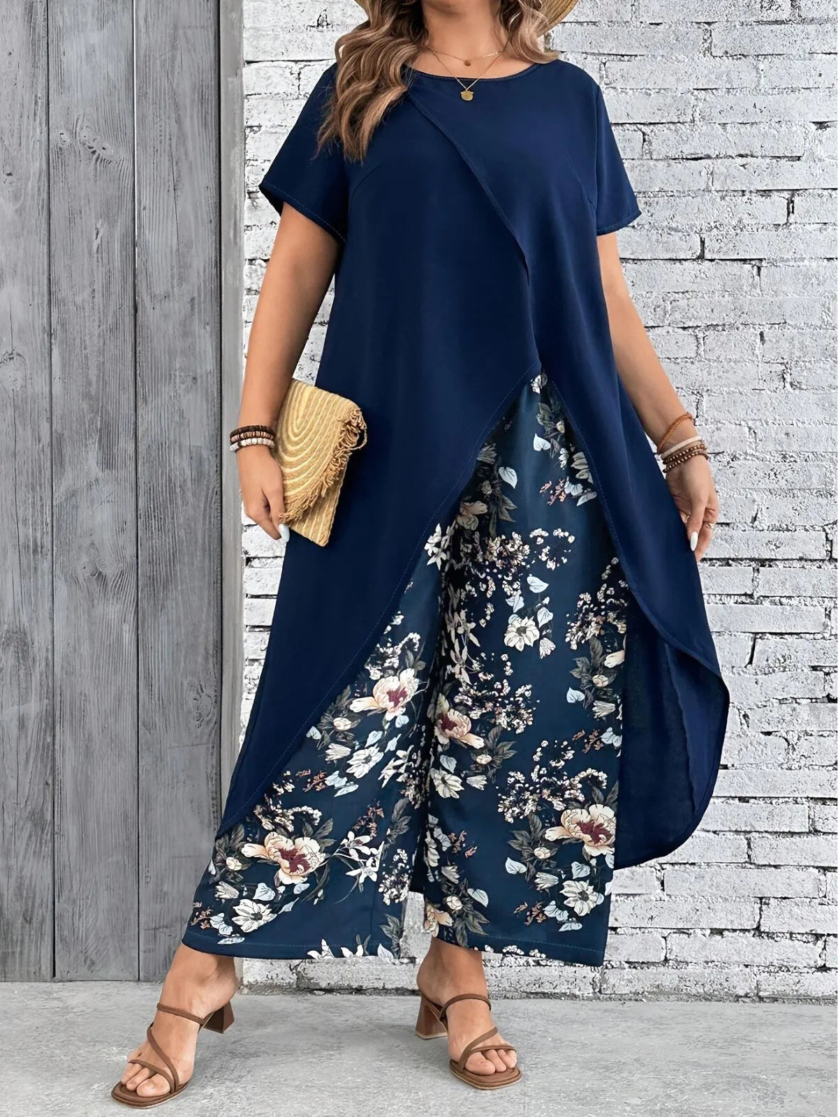 Plus Size Solid Asymmetrical Ultra Long Blouse & Floral Casual Pants
