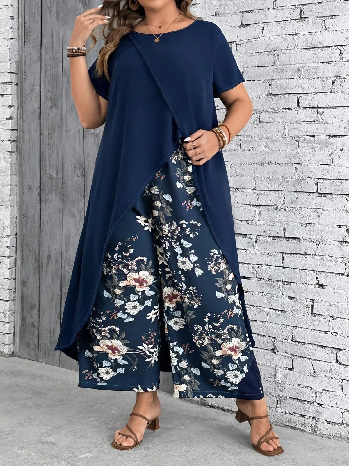 Plus Size Solid Asymmetrical Ultra Long Blouse & Floral Casual Pants