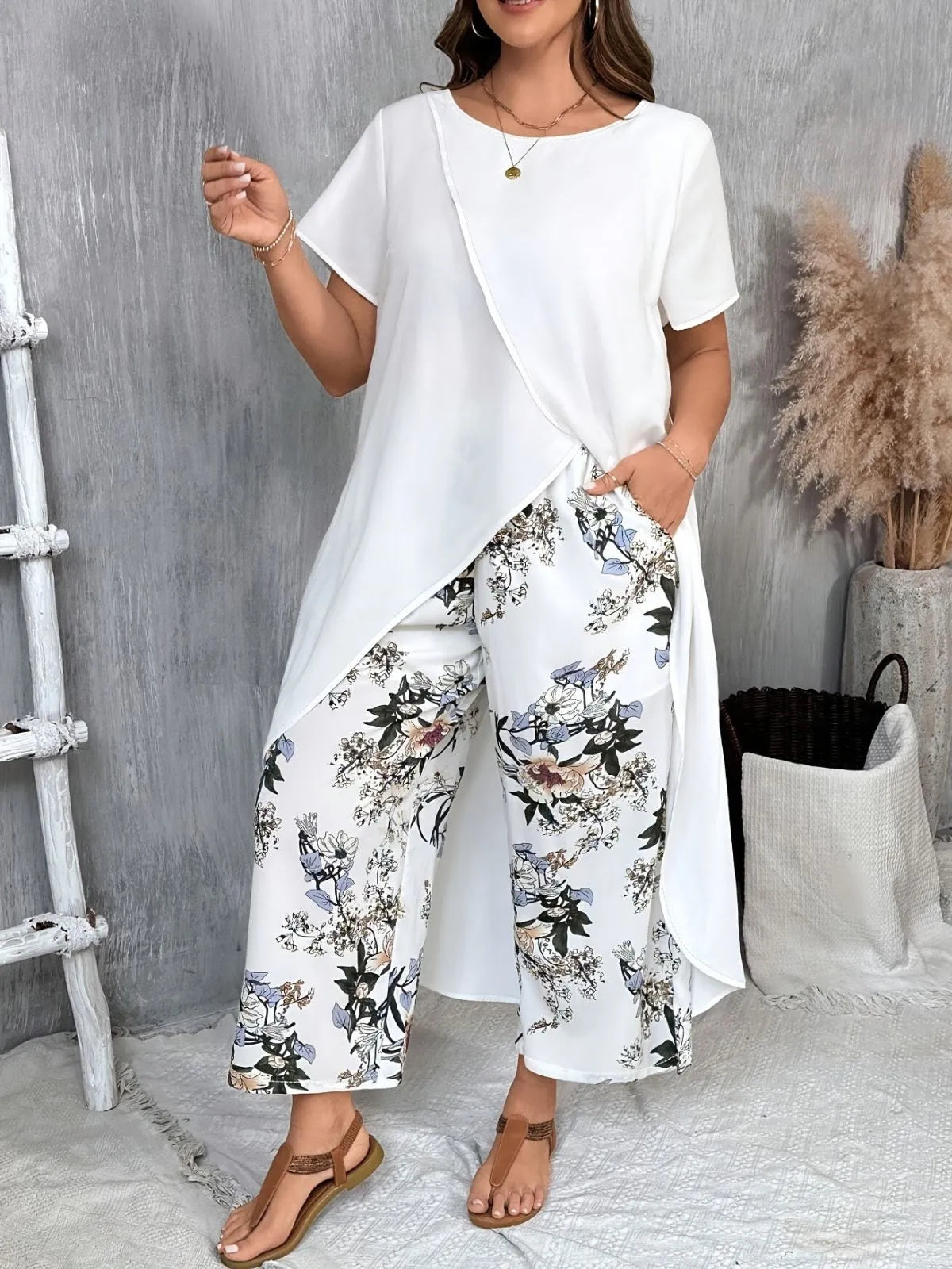 Plus Size Solid Asymmetrical Ultra Long Blouse & Floral Casual Pants