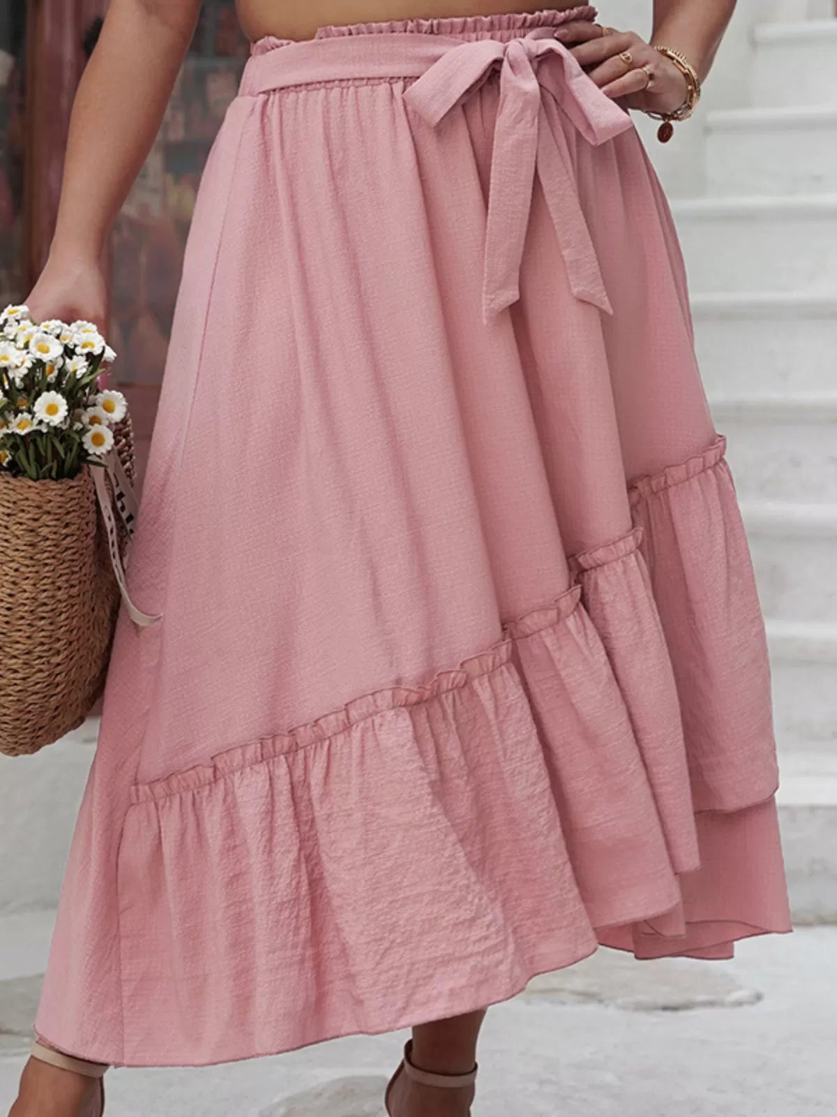 Plus Size Solid Belt Medium Rise Elastic Waist Skirt