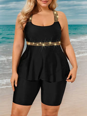 Plus Size Solid Contrast Sequin High Rise Tankini