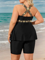 Plus Size Solid Contrast Sequin High Rise Tankini