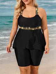 Plus Size Solid Contrast Sequin High Rise Tankini