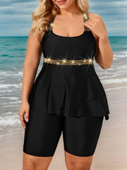 Plus Size Solid Contrast Sequin High Rise Tankini