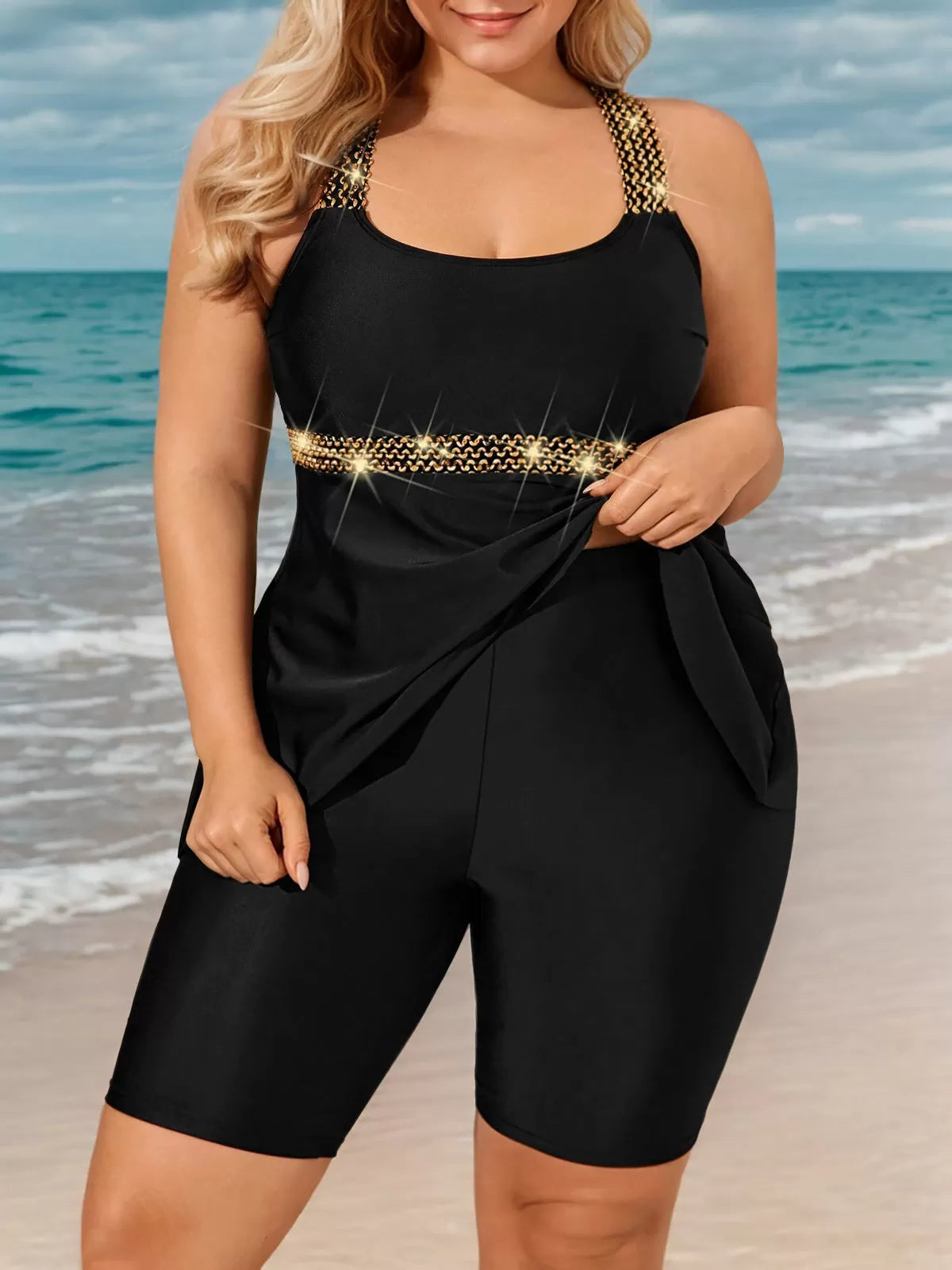 Plus Size Solid Contrast Sequin High Rise Tankini