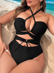Plus Size Solid Criss Cross High Rise One-piece