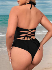 Plus Size Solid Criss Cross High Rise One-piece