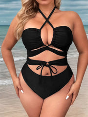 Plus Size Solid Criss Cross High Rise One-piece