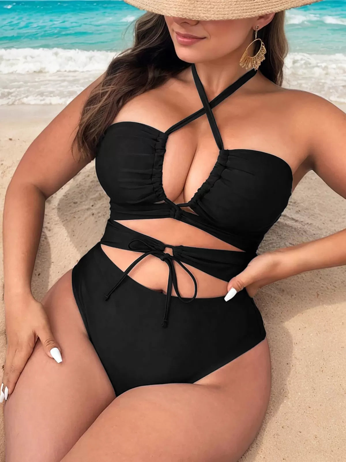 Plus Size Solid Criss Cross High Rise One-piece