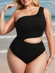 Plus Size Solid Cut Out High Rise One Shoulder One-piece
