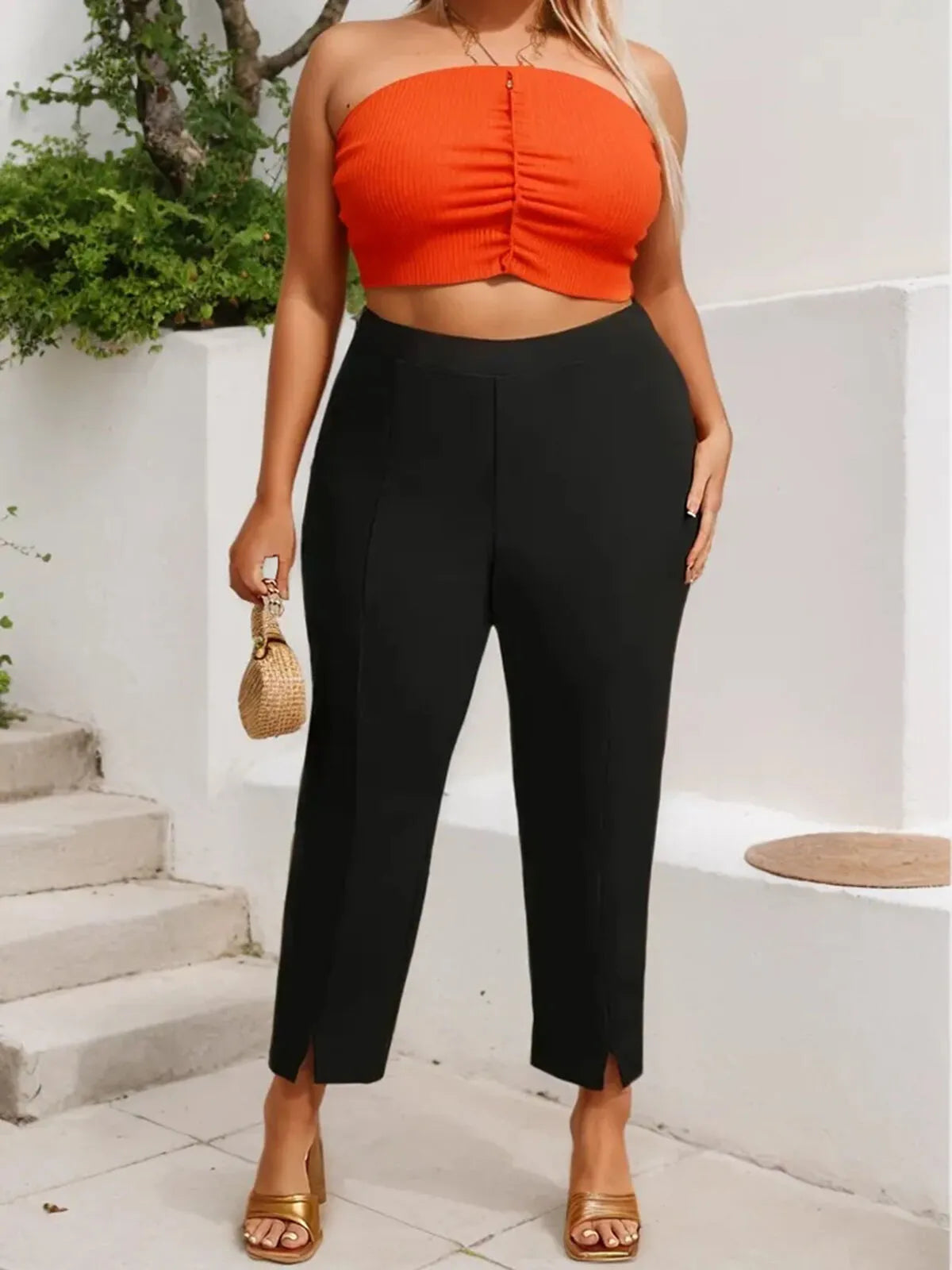 Plus Size Solid High Rise Elastic Waist Pants