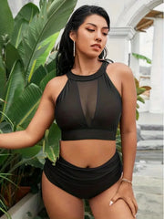Plus Size Solid Hollow Out Medium Rise Tankini 