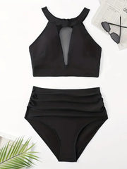 Plus Size Solid Hollow Out Medium Rise Tankini 