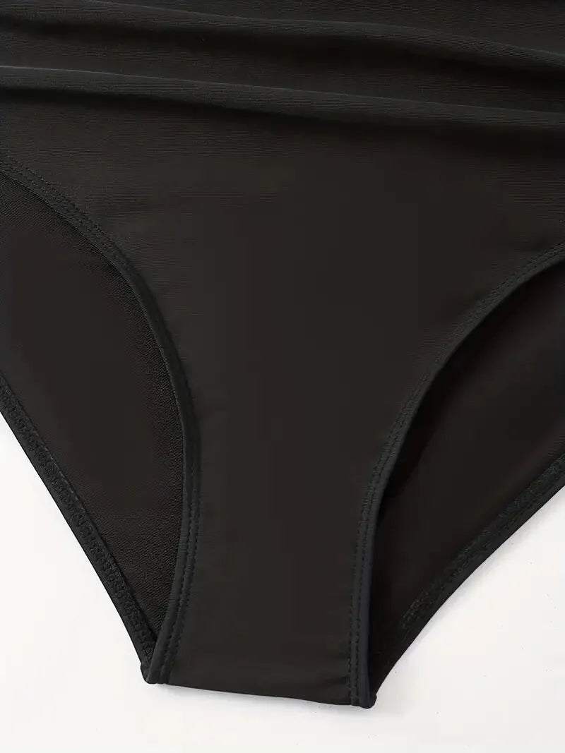 Plus Size Solid Hollow Out Medium Rise Tankini 