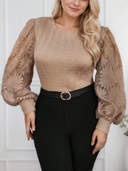 Plus Size Solid Hollow Out Round Neck Lantern Blouse