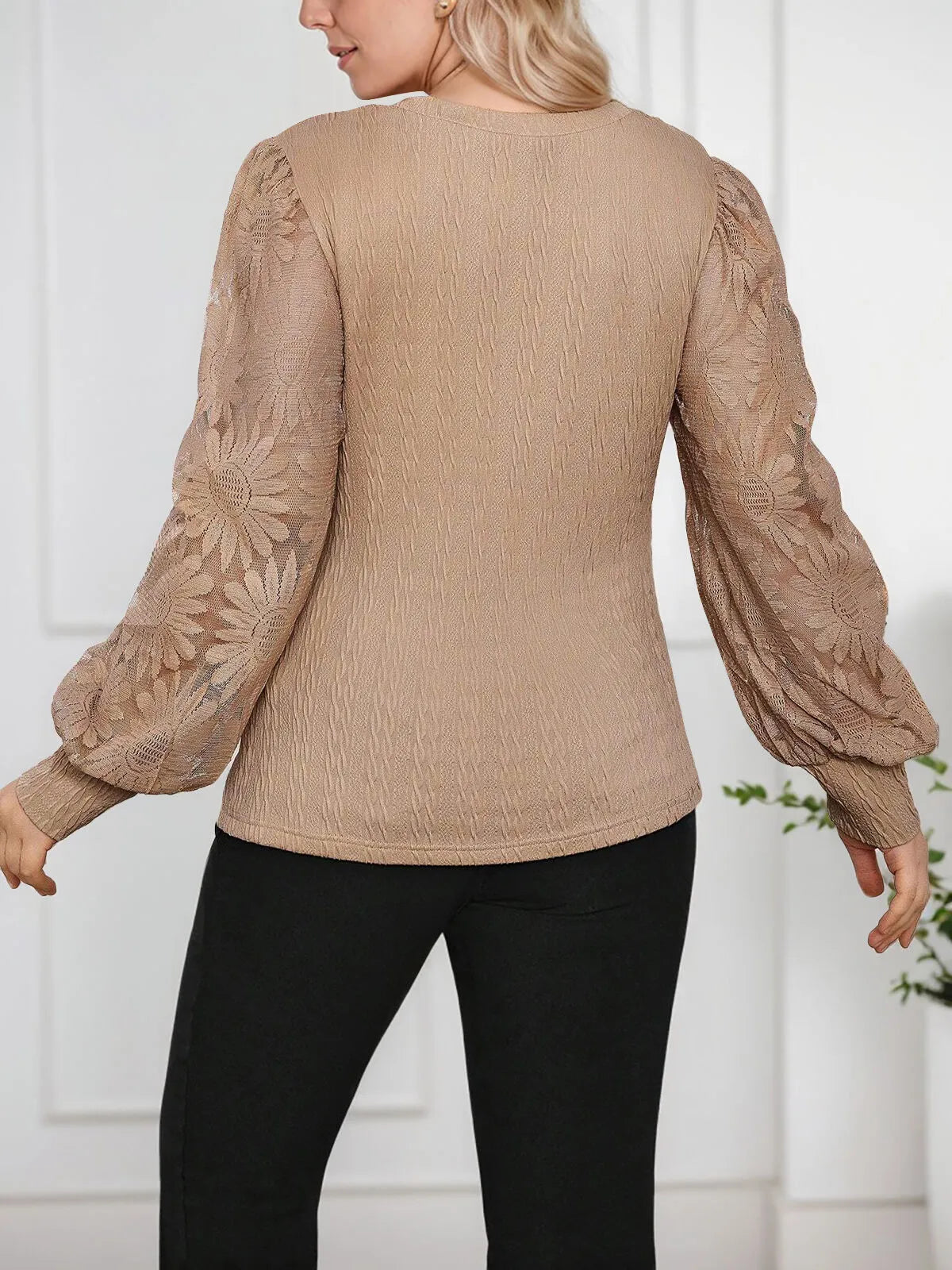 Plus Size Solid Hollow Out Round Neck Lantern Blouse