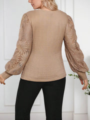 Plus Size Solid Hollow Out Round Neck Lantern Blouse