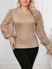 Plus Size Solid Hollow Out Round Neck Lantern Blouse