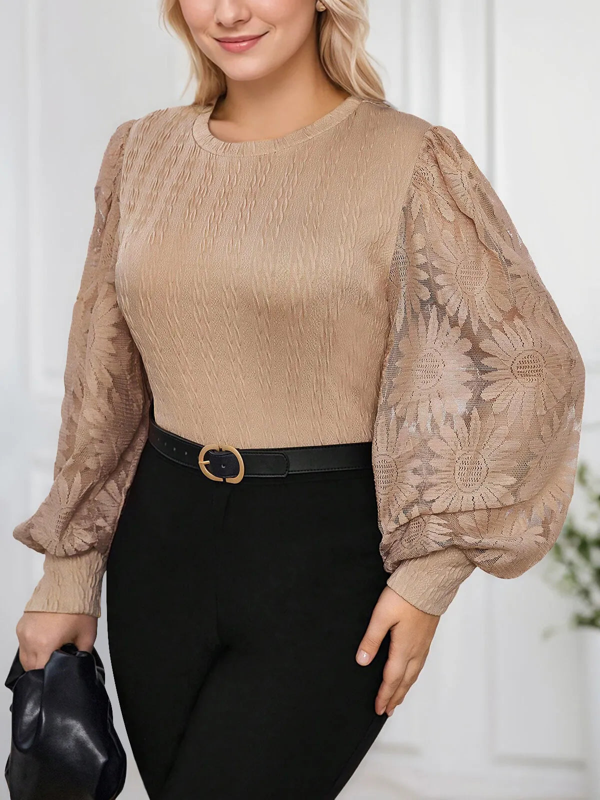 Plus Size Solid Hollow Out Round Neck Lantern Blouse