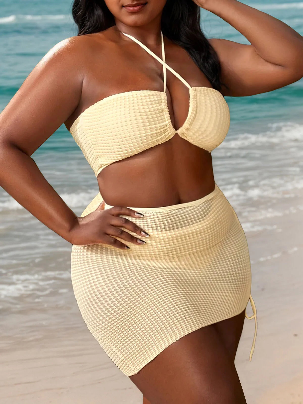 Plus Size Solid Knot High Rise Halter Bikini Sets