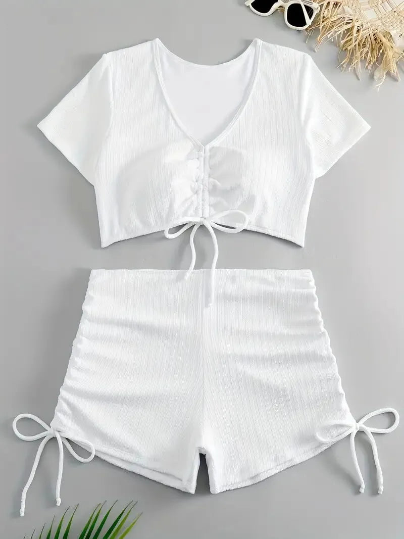 Plus Size Solid Knot Low Rise Round Neck Tankini 