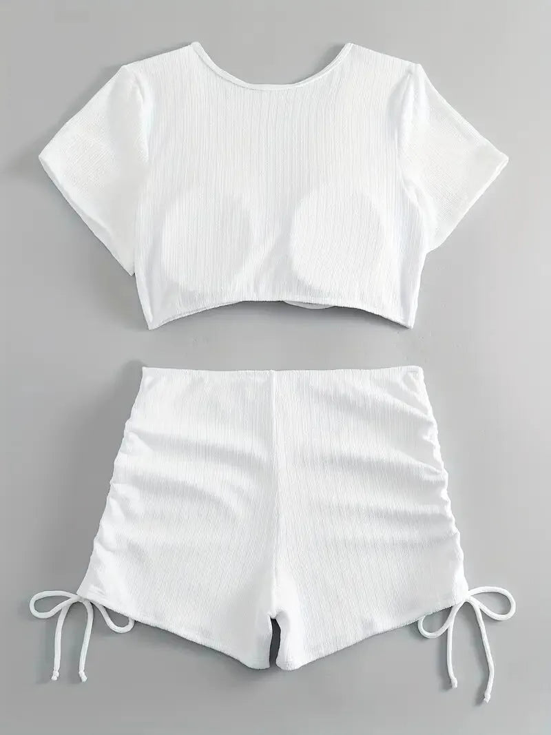Plus Size Solid Knot Low Rise Round Neck Tankini 