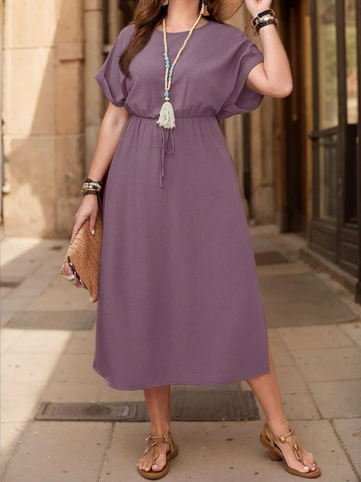 Plus Size Solid Lace-up Elegant Style A-line Dress