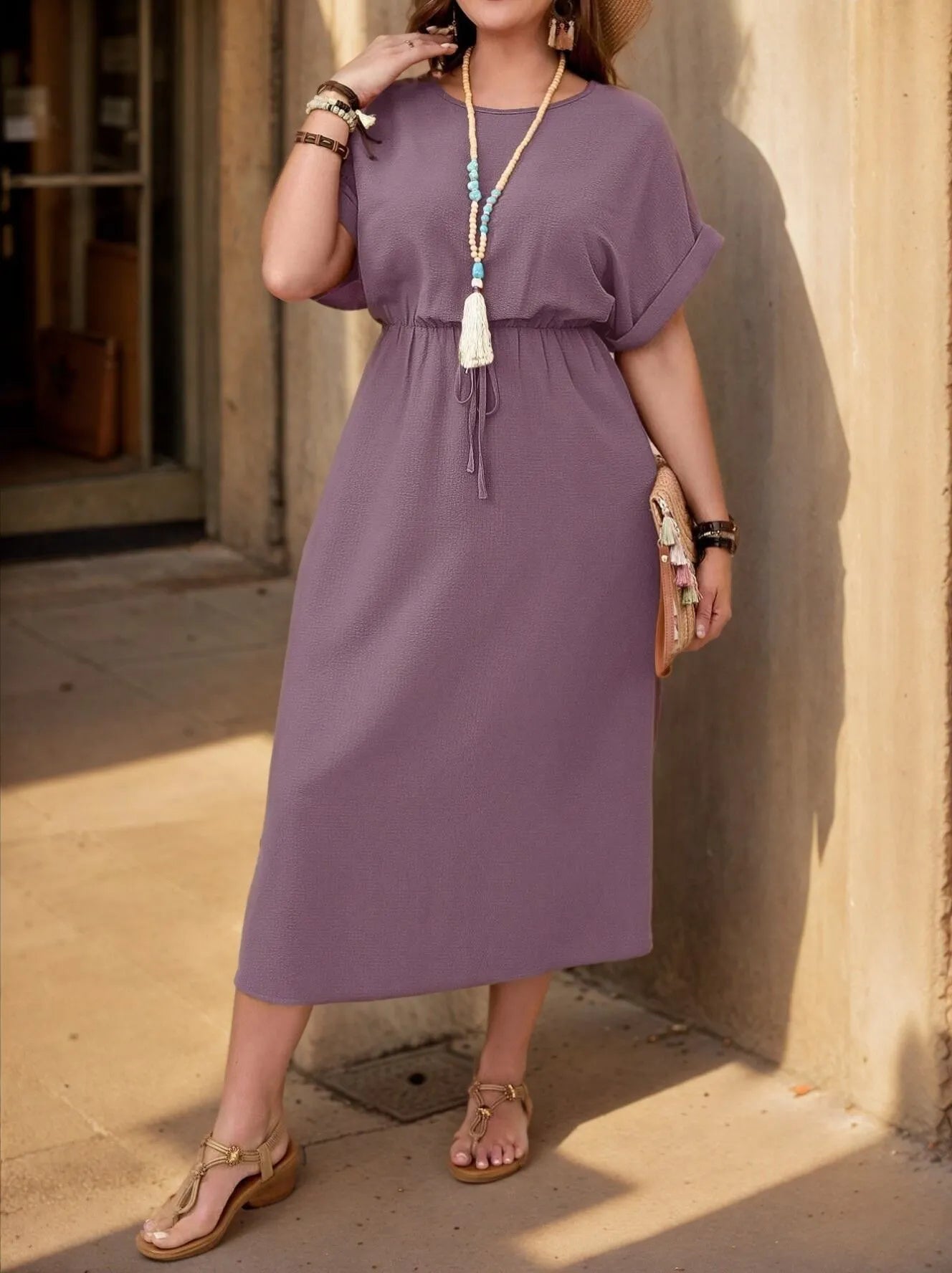 Plus Size Solid Lace-up Elegant Style A-line Dress