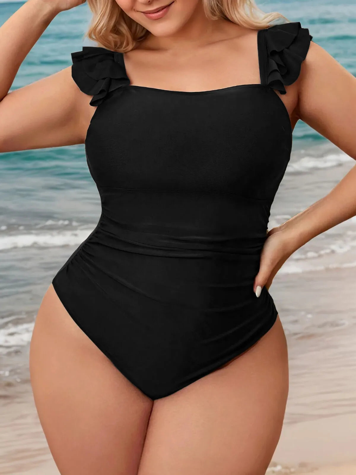 Plus Size Solid Medium Rise Square Neck One-piece