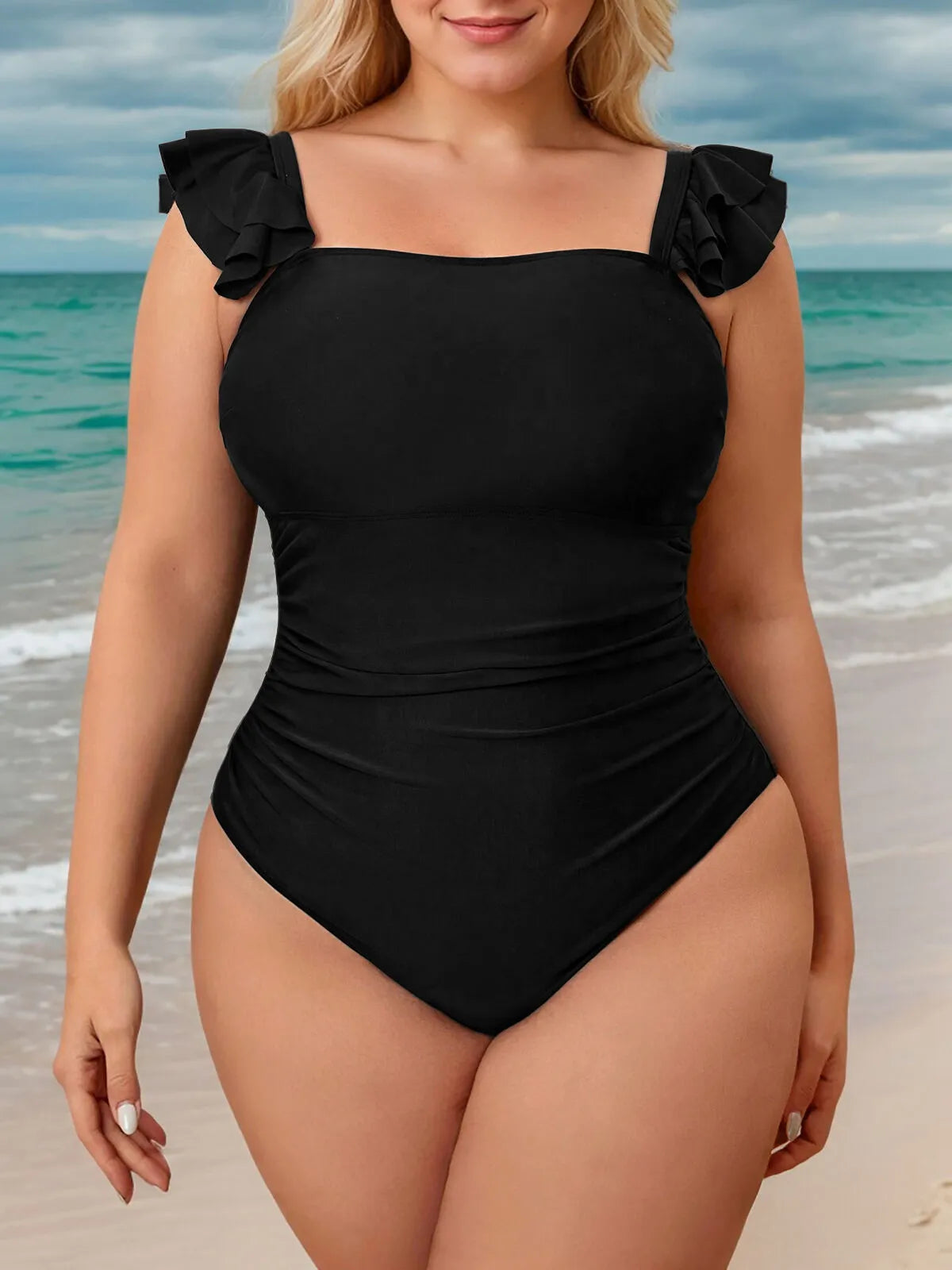 Plus Size Solid Medium Rise Square Neck One-piece