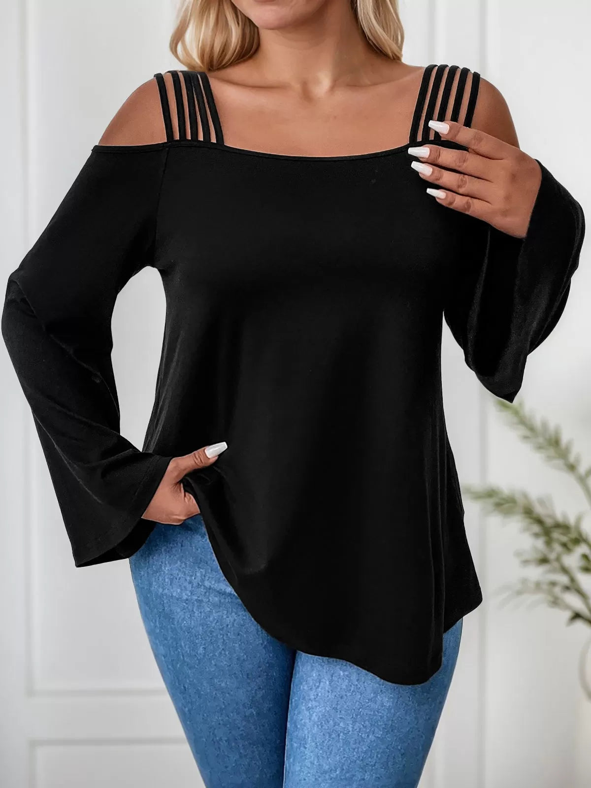 Plus Size Solid Off Shoulder Flare Long Sleeve Blouse