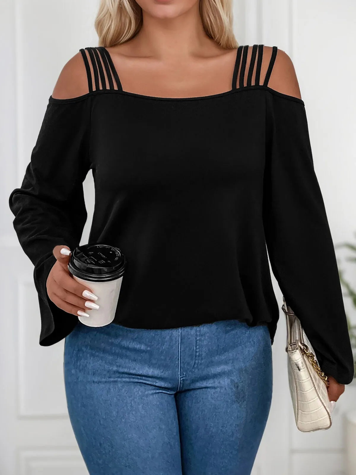 Plus Size Solid Off Shoulder Flare Long Sleeve Blouse