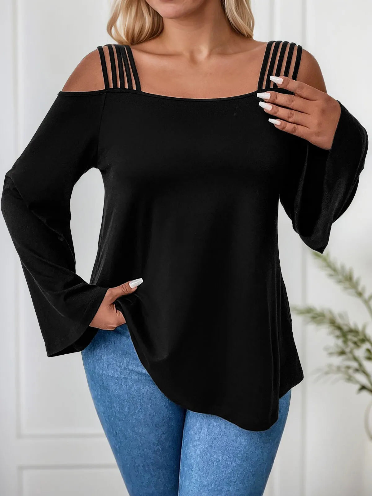 Plus Size Solid Off Shoulder Flare Long Sleeve Blouse