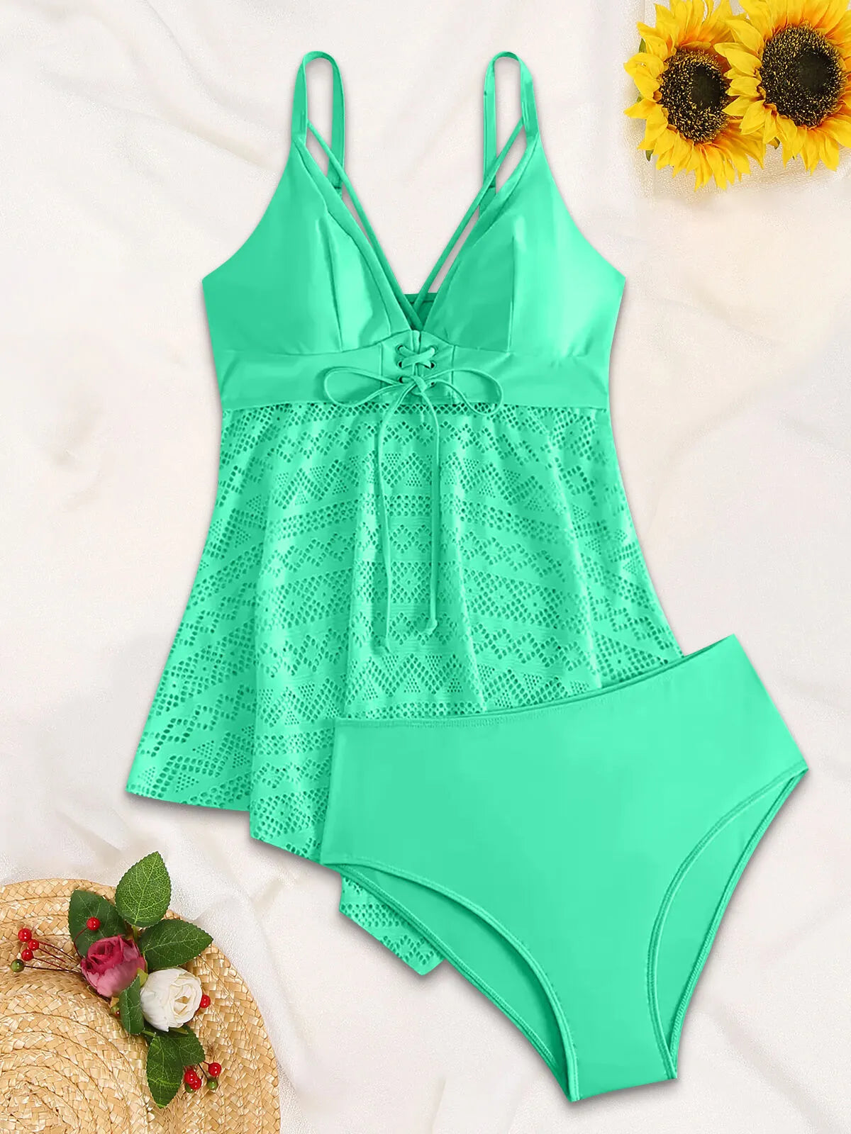 Plus Size Solid Hollowed-Out Tankini