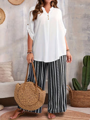 Plus Size Solid Roll Up Notched Button Blouse & Geometric Pants